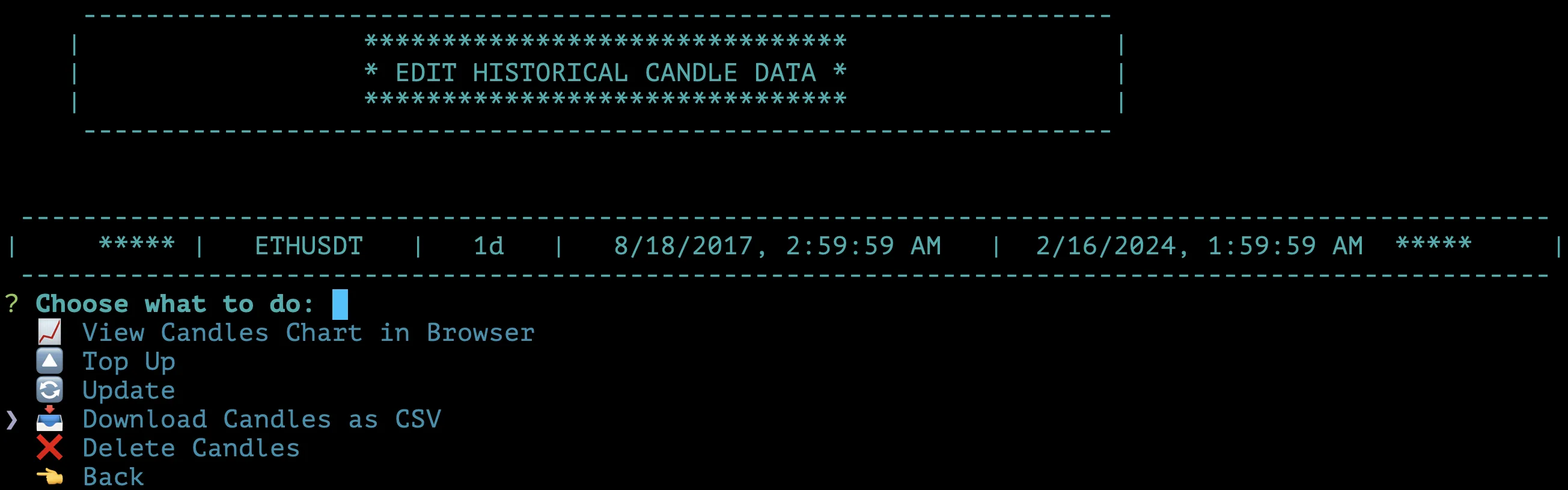Historical Candle Data View Edit Update Export Candle Data