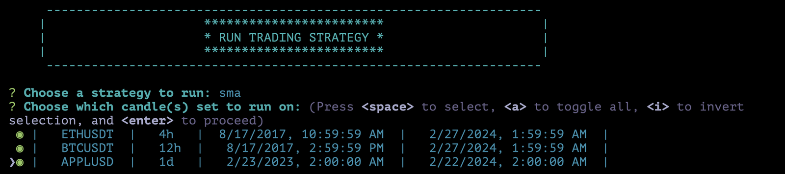 Run Trading Srategy Multi Value Choices